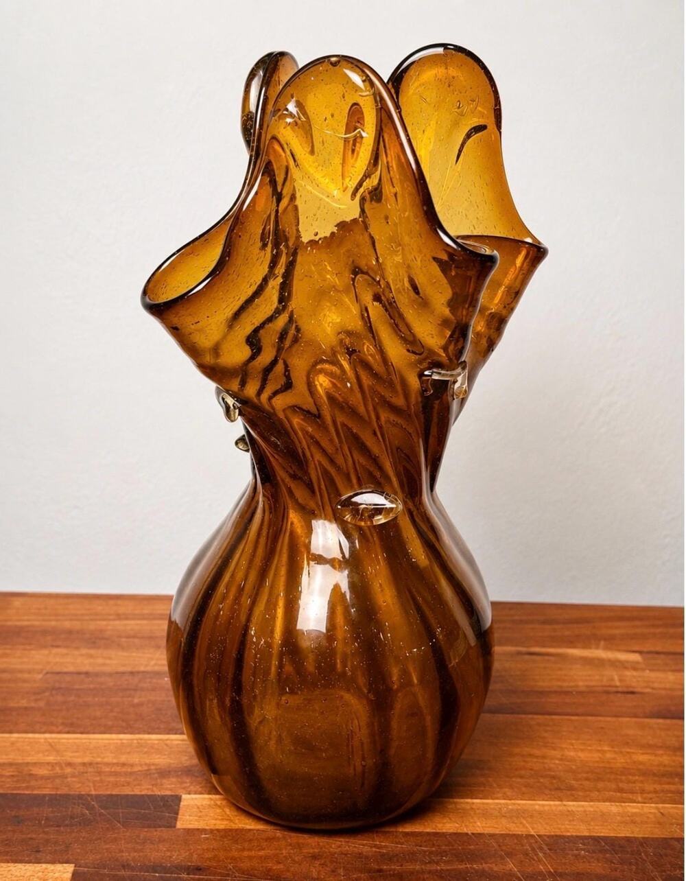 Vintage 1970s Amber Hand Blown Art Glass Vase | Ruffled Freeform Vase